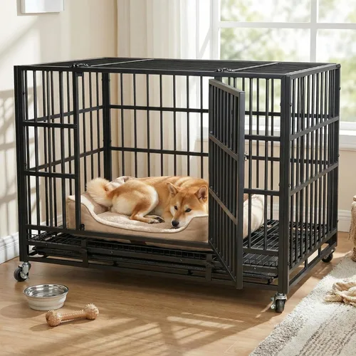 Vista 7 de VOWNER Jaula para perros indestructible de 38 pulgadas, resistente a prueba de escapes, con 4 ruedas bloqueables, jaula para perros de alta ansiedad