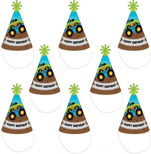 Vista 5 de Big Dot of Happiness Smash and Crash - Monster Truck - Cone Happy Birthday Party Hats for Kids and Adults - Set of 8
