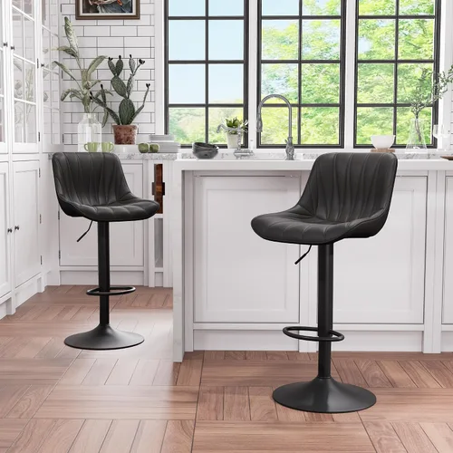 Vista 5 de YOUNIKE Juego de 2 taburetes de bar para isla de cocina, taburetes de bar altos giratorios negros, taburetes de bar ajustables con respaldo
