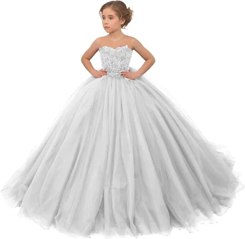 Vista 21 de Precioso vestido de niña de flores de tul para niños de boda con cuentas princesa sin mangas vestidos de baile