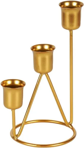 Vista 5 de Candelabros dorados de tres cabezas, candelabro de hierro con cara brillante para decoración del hogar, banquete, aniversario de boda, fiesta