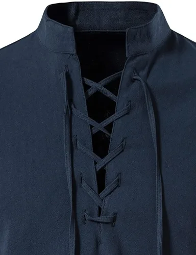 Vista 4 de Camisas de lino de manga larga con cordones retro para hombre, camisa Henley renacentista, disfraz vikingo medieval, camiseta pirata