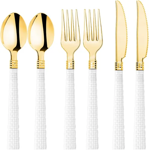 Vista 8 de N9R Juego de cubiertos de plástico dorado - 90 piezas con mango negro - Cubiertos de plástico elegantes, resistentes - 30 cucharas, 30 tenedores, 30