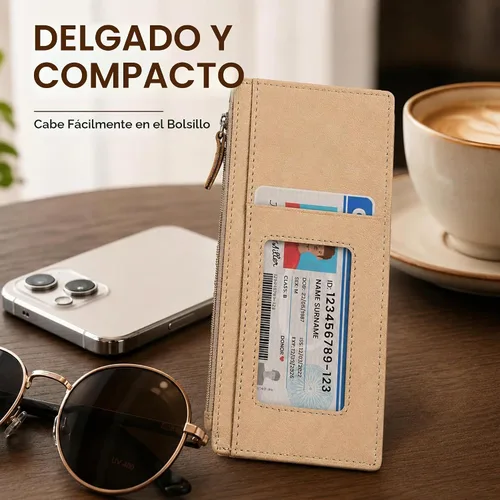 Vista 6 de Leatherboss - Funda para tarjetas todo en uno, cartera delgada con correa de protección para tarjetas, Beige, Cartera con tarjetero
