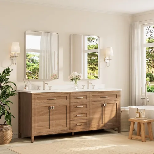 Vista 143 de TETOTE Espejo de marco dorado cepillado de 16 x 24 pulgadas, espejo de tocador de baño de latón dorado para pared, espejo enmarcado rectangular