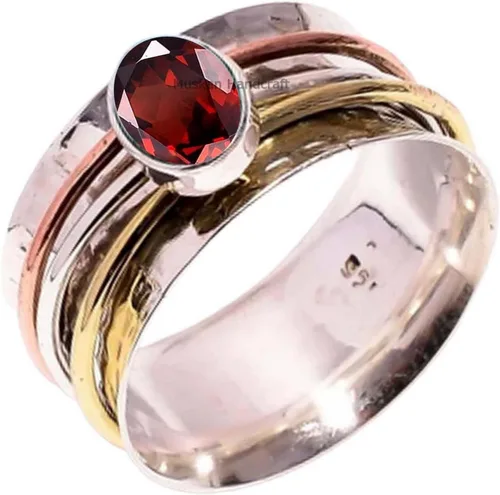 Vista 16 de Anillo giratorio hecho a mano de plata de ley 925 / anillo giratorio martillado / anillo giratorio de 3 tonos/anillo de banda bohemio/anillo