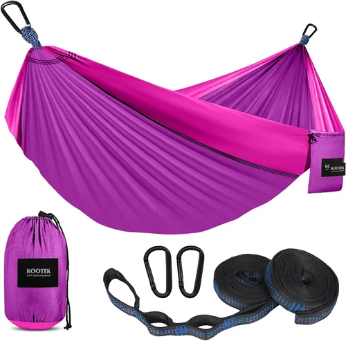 Vista 14 de Kootek - Hamaca portátil doble e individual con 2 correas para árboles, de nailon ligero de paracaídas para mochileros, viajes, playa, patio, Negro