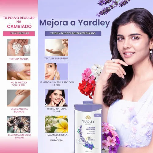 Vista 5 de Talco desodorante perfumado Yardley London con lavanda inglesa, polvo de talco 100gm, 3.5 onzas
