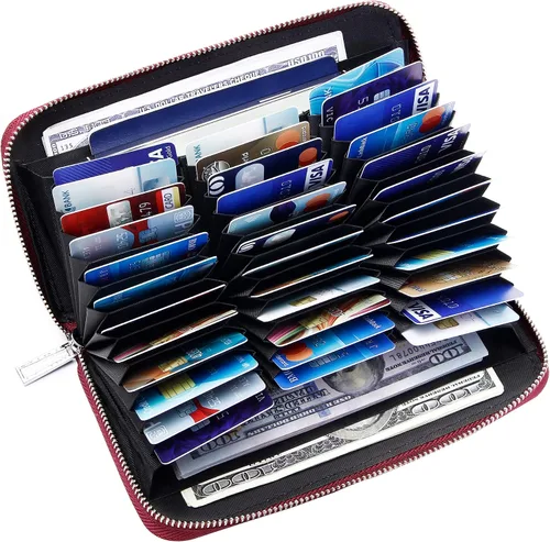Vista 7 de CILLA Cartera con bloqueo RFID para mujer, 36 ranuras para tarjetas, cremallera de cuero auténtico, Rojo -, Casual