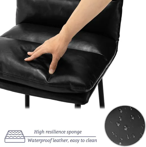 Vista 8 de Glitzhome Juego de mesa y sillas de comedor, mesa redonda de acero negro con parte superior de madera de olmo sólido y taburetes de bar de cuero