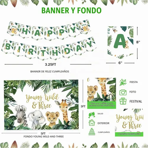 Vista 5 de Young Wild and Three Decor Boy, 251 piezas con temática de animales de safari en la selva, suministros para fiesta de tercer cumpleaños, telón