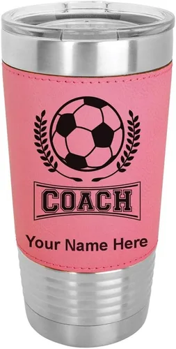 Vista 10 de LaserGram Vaso aislado al vacío de 20 onzas, entrenador de fútbol, grabado personalizado incluido (piel sintética, estilo béisbol)