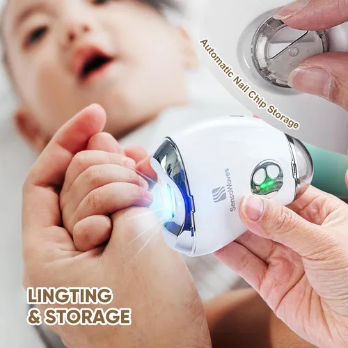 Vista 6 de Cortaúñas eléctrico 3 en 1 para bebés y adultos, recortadora recargable por USB con luz LED, pulidora y contenedor de almacenamiento, velocidad