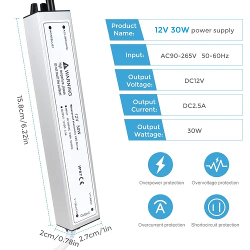 Vista 2 de Fuente de alimentación LED de 12V 30W, transformador adaptador controlador LED IP67 impermeable 12V 110V CA a 12V CC de bajo voltaje con enchufe