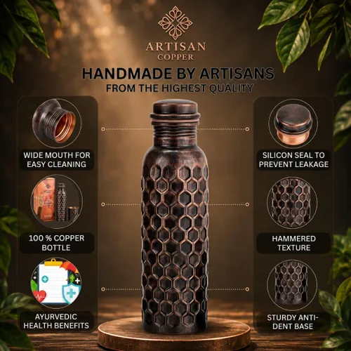 Vista 2 de Artisan - Botella de agua ayurvédica de cobre de 32 onzas, hecha a mano, 100% cobre puro, botella martillada para beber con cepillo de madera, a