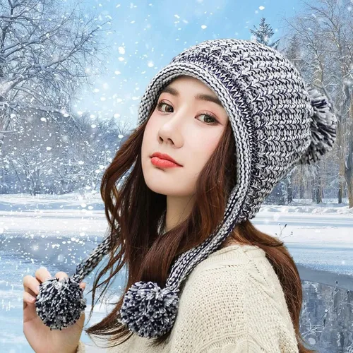 Vista 4 de HUAMULAN - Gorro de invierno para mujer estilo peruano con forro polar, solapas para orejas, doble capa, con pompones