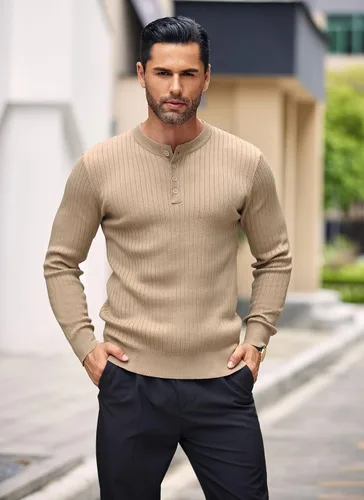 Vista 48 de COOFANDY Suéter de punto Henley para hombre, manga larga, con botones, ligero, para otoño, ajustado, acanalado