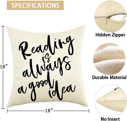 Vista 2 de Ogiselestyle Reading is Always A Good Idea - Funda de almohada motivacional, decoración de granja, funda de cojín para amantes de los libros, sofá
