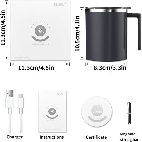 Vista 7 de Taza de café autoagitable, taza mezcladora eléctrica de 12.2 onzas con agitador magnético y antisedimentación, taza de viaje recargable para café
