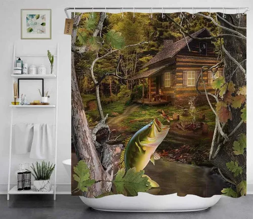 Vista 3 de Juego de 4 cortinas de ducha de cabaña, diseño de pez lubino salta del lago para comer, libélula barco, camuflaje, bosque verde, bosque, casa