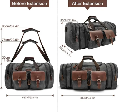 Vista 6 de Wildroad Bolsa de lona de viaje de 50 litros, bolsa de lona expandible de cuero genuino mejorada para el fin de semana durante la noche, Negro