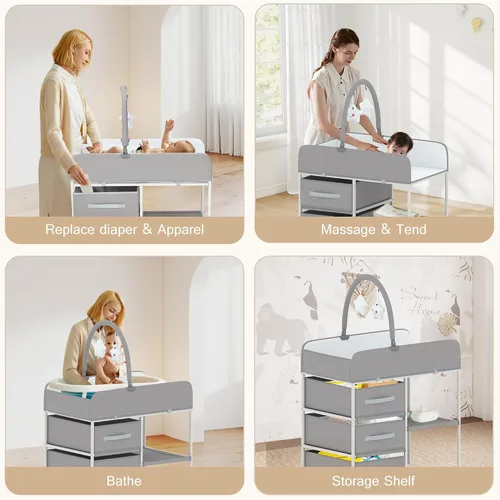 Vista 6 de Cambiador portátil para bebé, cambiador de pañales con almohadilla impermeable, cambiador para niños pequeños con 3 cestas de almacenamiento