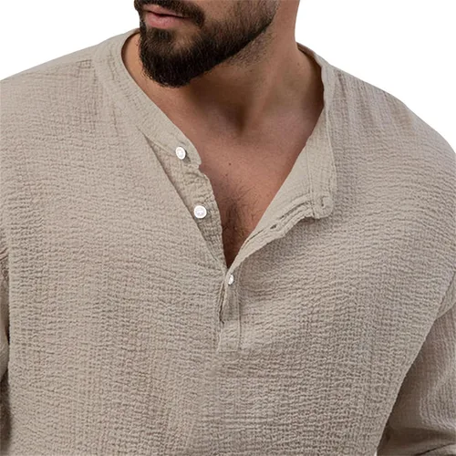 Vista 5 de Camisa Henley con botones para hombre, cuello redondo, ligera, de manga larga, casual, holgada, transpirable, a la moda