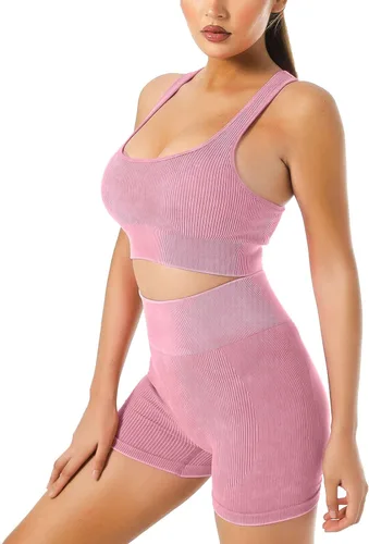 Vista 2 de JOTEUS - Conjunto de yoga de 2 piezas sin costuras, acanalado, brasier deportivo de cintura alta, pantalones cortos de gimnasio, conjuntos de ropa