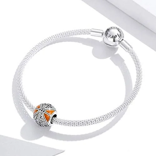 Vista 7 de Abalorio de cuentas de voleibol de plata de ley 925 con cuentas deportivas, pulsera original (personaje de baloncesto naranja)