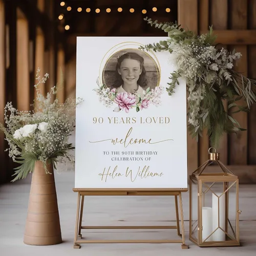 Vista 11 de 90th Birthday Welcome Sign with Photo, 90 Years Loved Poster, Personalized Milestone Celebration Decoration, Elegant Entryway Display, Custom Party