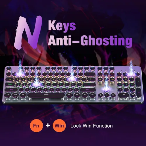 Vista 5 de RisoPhy Teclado mecánico para juegos estilo máquina de escribir, panel de metal, teclas redondas punk retro, interruptor azul clicky