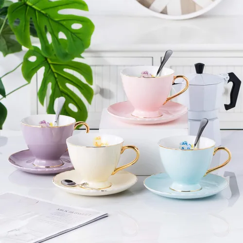 Vista 7 de Jusalpha juego de tazas y platillos de café expreso de porcelana, 2 onzas FD-TCS02-4COLOR 7 onzas, tamaño regular de taza de té, juego de taza