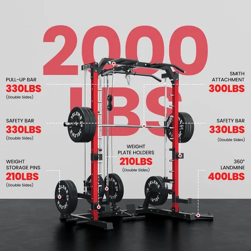 Vista 8 de JELENS SR01 Smith Machine, jaula de potencia multifunción de 2000 libras con sistema de extracción LAT, estante para sentadillas todo en uno