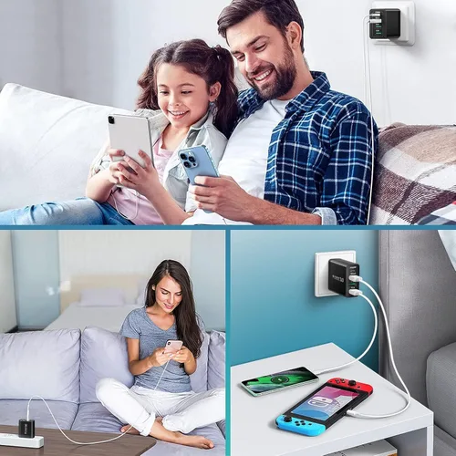 Vista 7 de [Paquete de 4] Cargador de pared USB-C, adaptador de corriente rápido 3.0+PD 3.0 de 35 W y 4 puertos