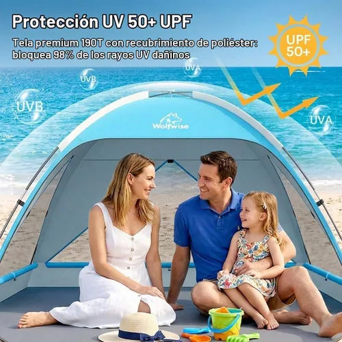 Vista 9 de Wolfwise Tienda de playa Refugio de sol portátil, Cabaña estándar de la Shade Beach Essentials, protección UV UPF 50+ y fácil instalación, ventanas