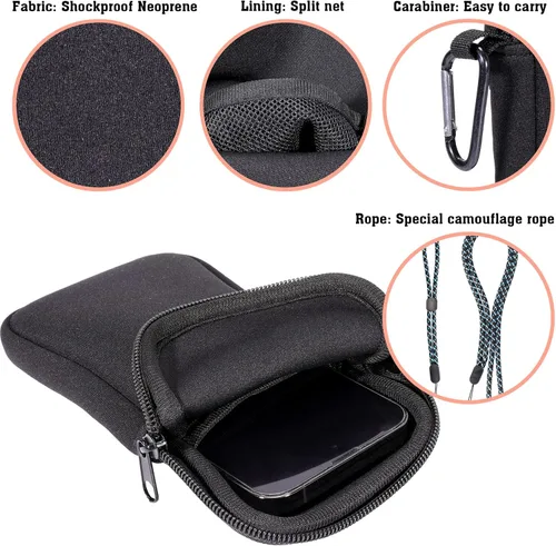 Vista 3 de Pwsap Calcetín para teléfono, bolsa de neopreno universal resistente a golpes e impactos con mosquetón y correa de cordón, funda para senderismo