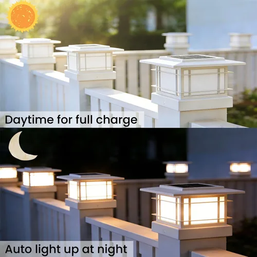 Vista 5 de Dynaming Luces solares de 4 x 4 para exteriores con 2 modos de color, luces solares para poste de valla, carcasa blanca para postes de Blanco