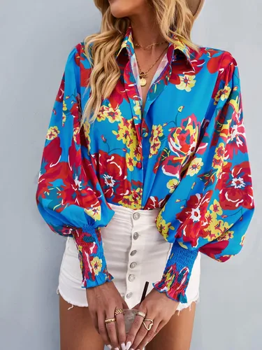 Vista 3 de Camisa estampada elástica para mujer, con estampado floral, de manga larga, con botones, para mujer