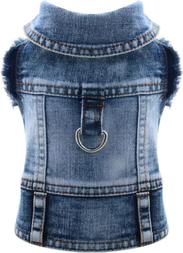 Vista 12 de Chaqueta de mezclilla para perro con anillo en D, abrigo de mezclilla azul, trajes para perros pequeños, gatos, macho, niña, ropa de cumpleaños