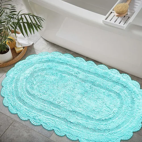 Vista 8 de Chardin home Alfombra de baño de ganchillo beige, alfombra de baño ovalada 100% algodón con borde de ganchillo artesanal hecho a mano, alfombra