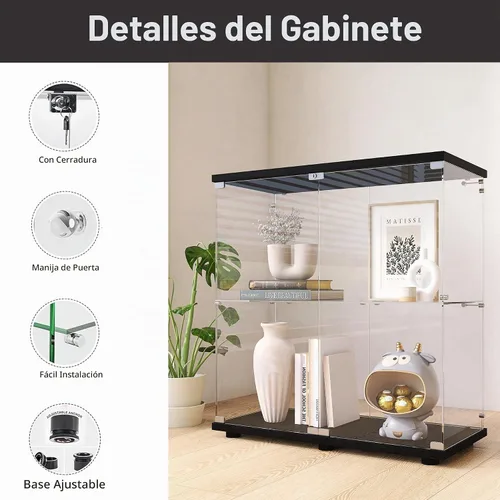 Vista 3 de Gabinete de Exhibición de Vidrio de 2 Niveles 14.3''P x 31.7''A x 33.7''Al, Gabinetes Curio de 2 Puertas de Colección Vitrina de Exhibición