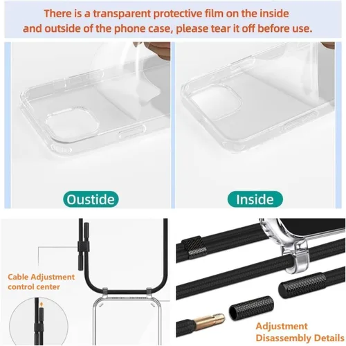 Vista 4 de Funda transparente para iPhone 12 Pro Max, funda cruzada para teléfono con correa ajustable de nailon para el cuello, funda transparente para iPhone