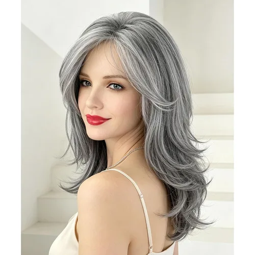 Vista 10 de Fencca Pelucas de color gris plateado para mujeres blancas, peluca ondulada en capas, peluca de sal y pimienta de longitud media con reflejos
