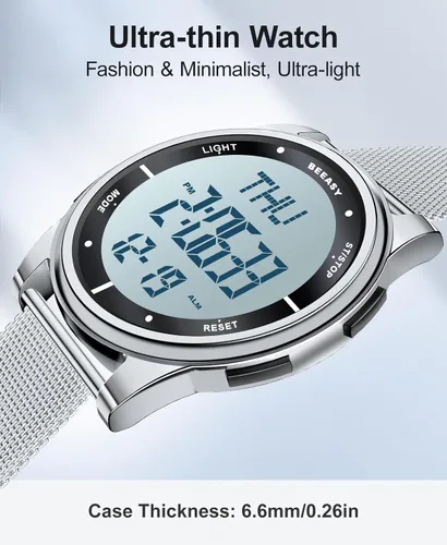 Vista 13 de Beeasy - Reloj digital de pulsera resistente al agua con cronómetro, alarma, cuenta regresiva, doble zona horaria, ultrafino, pantalla angular muy
