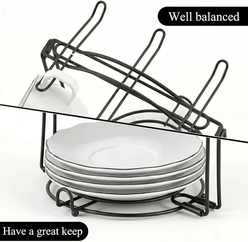 Vista 5 de YOLIFE Soporte para tazas de té. para 6 tazas, 6 platitos, 6 cucharas, desarmable., Negro Metal Cup and Saucer Display Stand, Foldable Tea Station