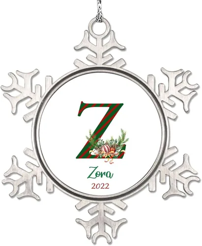 Vista 31 de Monograma inicial letra A copo de nieve, adorno de bayas de pino de Navidad para decoración de árbol de Navidad, adornos de Navidad personalizados