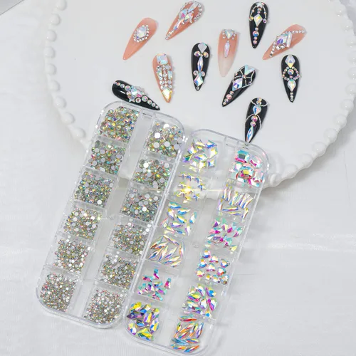 Vista 6 de Diamantes de imitación para uñas, tamaño 3D multiforma, gemas y dijes de cristal AB para uñas, parte trasera plana, con kit para arte de uñas