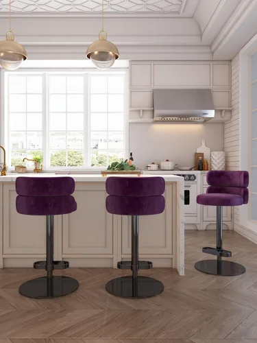 Vista 22 de Taburetes de bar de terciopelo modernos giratorios de altura ajustable para encimera de cocina, taburetes de bar con reposapiés para sala de estar