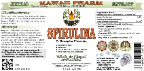 Vista 2 de Hawaii Pharm Extracto líquido sin alcohol de espirulina, espirulina orgánica (Arthrospira platensis) Suplemento herbario natural de glicerita