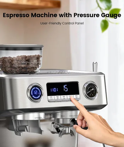 Vista 7 de Máquina de café espresso COWSAR de doble caldera con molinillo, máquinas de espresso de 20 bares con espumador de leche, cafetera de espresso
